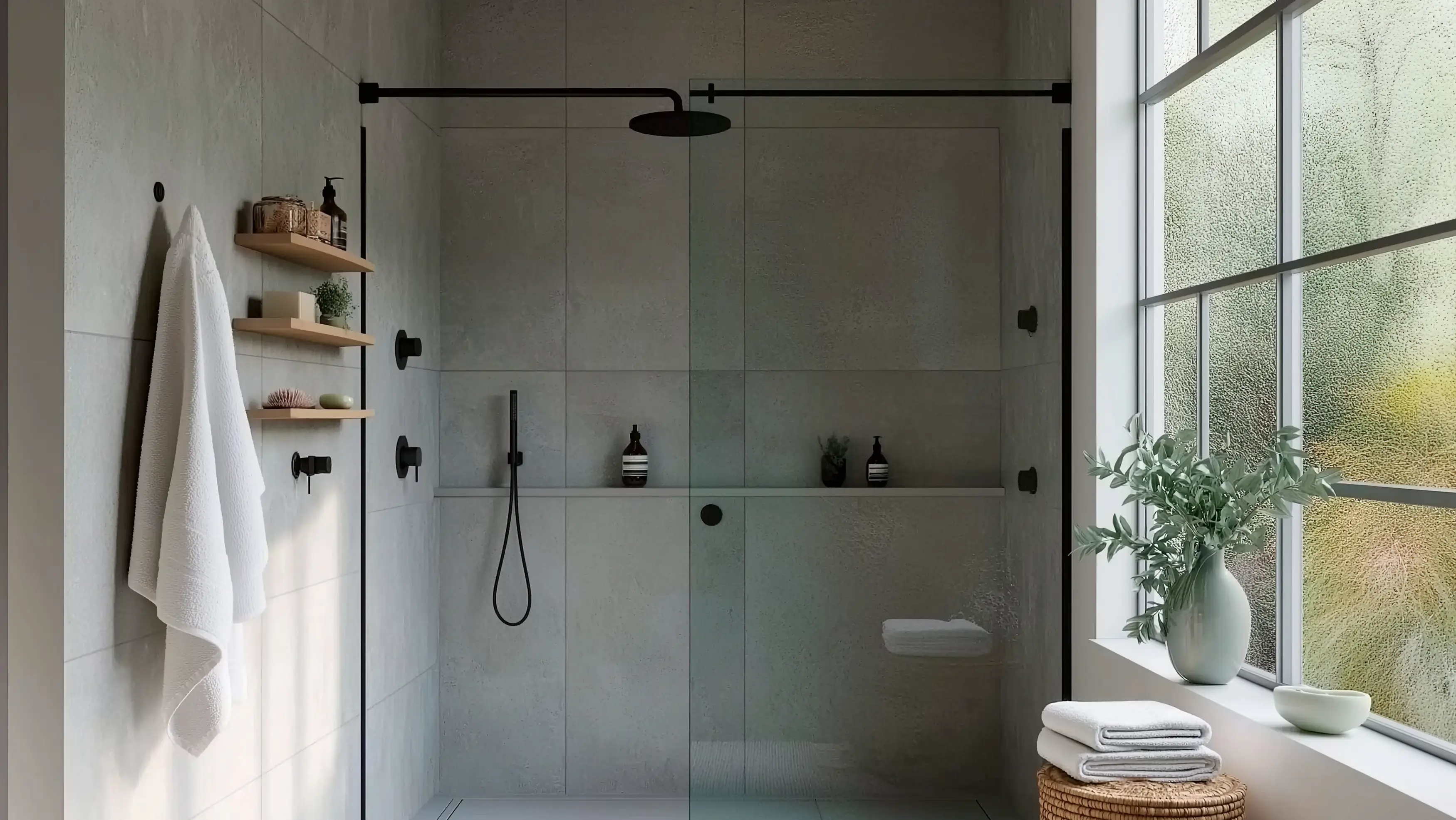 Frameless glass shower enclosure