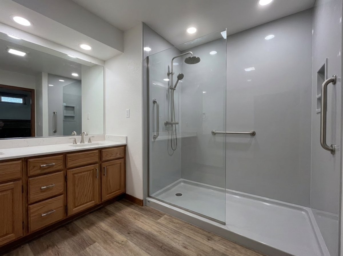After: acrylic walk-in shower with glass panel