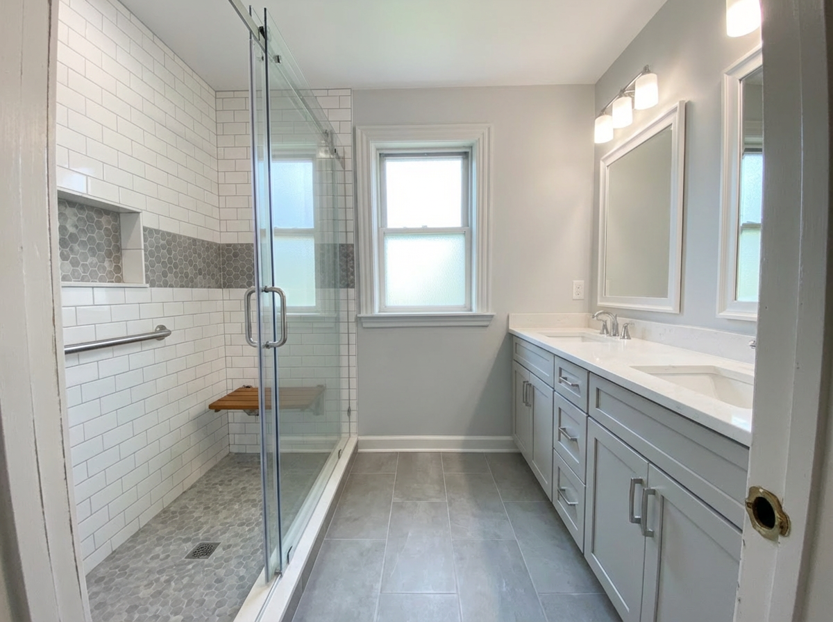 After: accessible walk-in shower with bench and grab bars