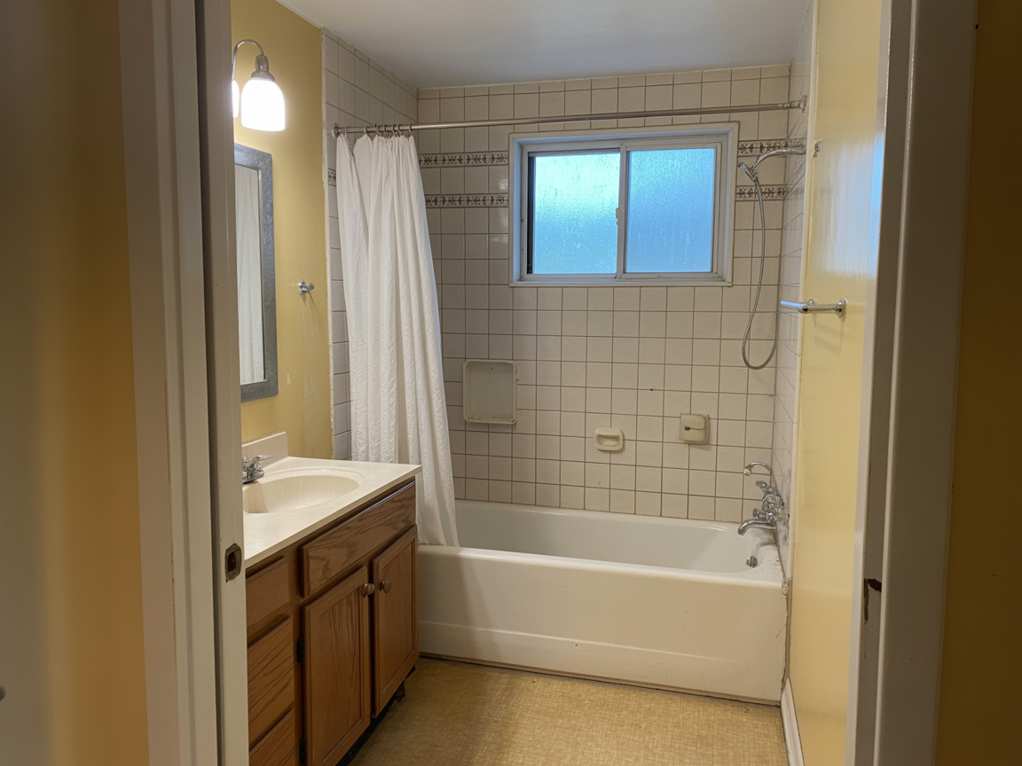 Before: small outdated bathroom with old tub